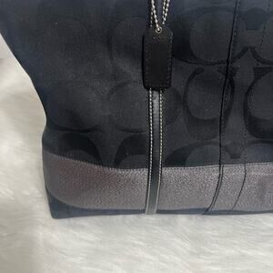 Coach Signature Stripe Tote Shoulder Bag Black Silver Logo Print Trendy Purse